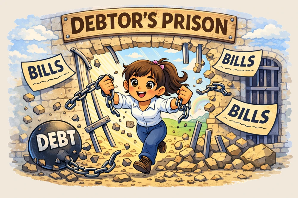 Image of a consumer breaking out of debtor's prison with Bankruptcy